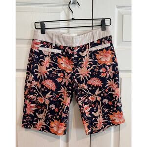 Floral Print Orange Navy Tropical Bermuda Casual Chic Shorts- Sm